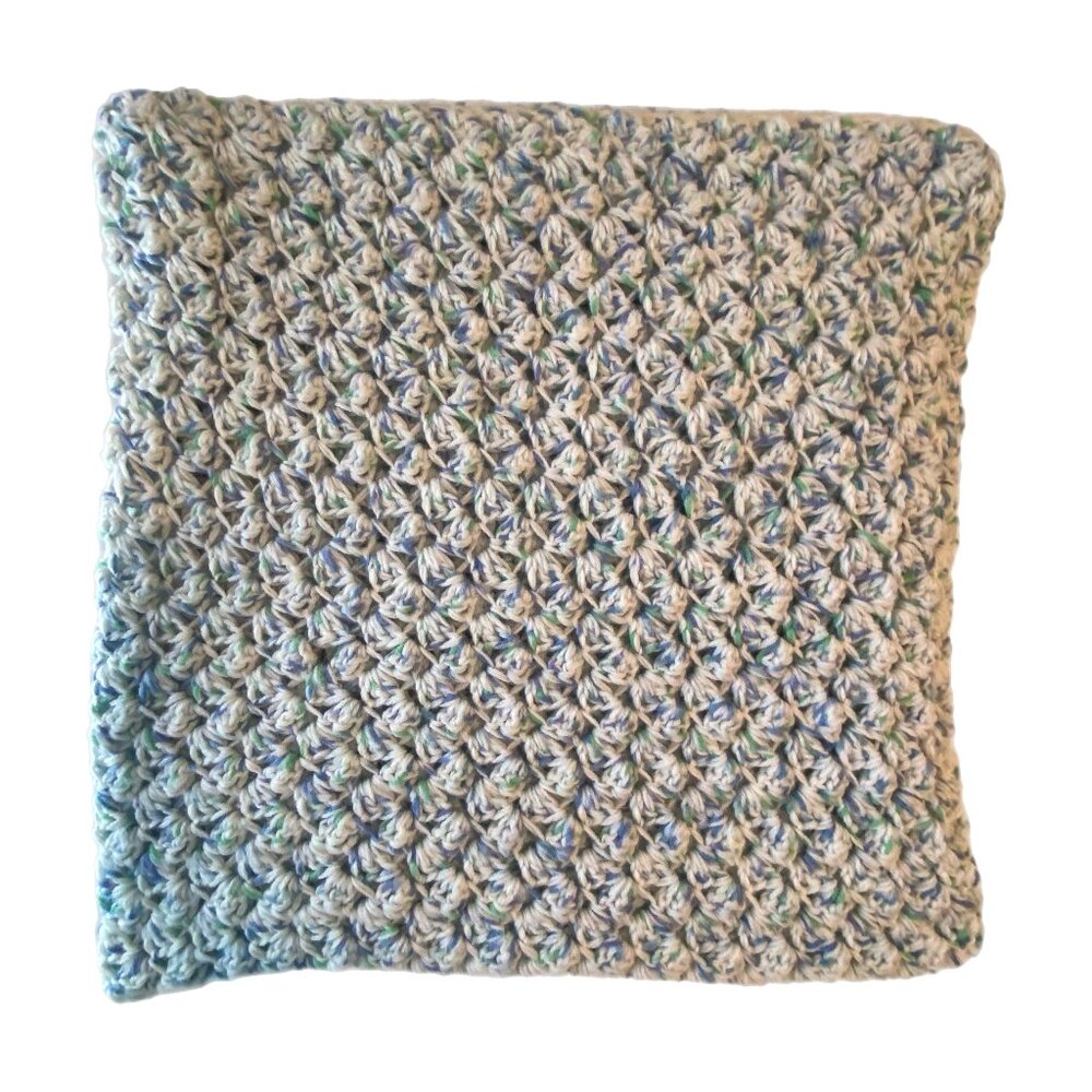 Hand Crocheted Afghan Throw Lap Blanket Blue/White (with Specks of Green)
